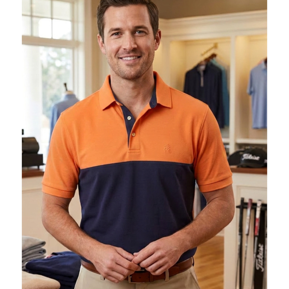 IZOD Golf Polo Shirt Mens M Orange Navy Colorblock Performance Moisture Wicking